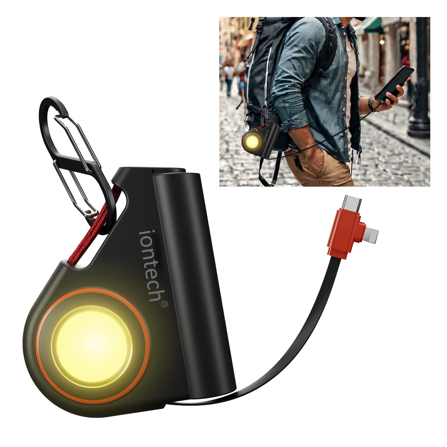 Wearable Power Bank Built-in Retractable Cables LED Flashlight Portable Charger 5000mAh USB-C Fast Charging 22.5W External Phone Battery Pack Compatible with iPhone Android Phone (Black)